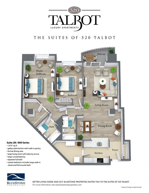 Floor plan for 2 beds, 2 baths, 1375 sqft